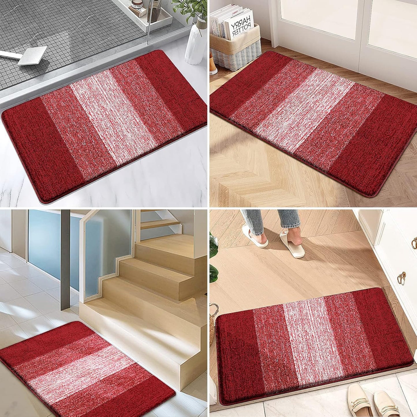 Kitinjoy Indoor Outdoor Door Mat, 30x17 Non-Slip Absorbent Dirt Trapper, Low-Profile Washable Inside Entrance Front Floor Mat, Sturdy Soft Entry Doormats for Entryway, Burgundy