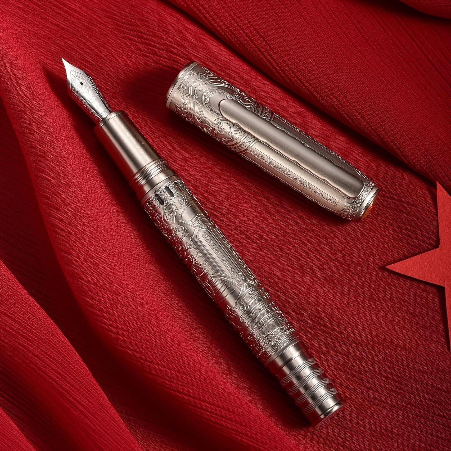 Hongdian 100 Piston Fountain Pen Silver Steel, Iridium Medium Nib Calligraphy Pen, Smooth Writing Pen with Pen Case Set
