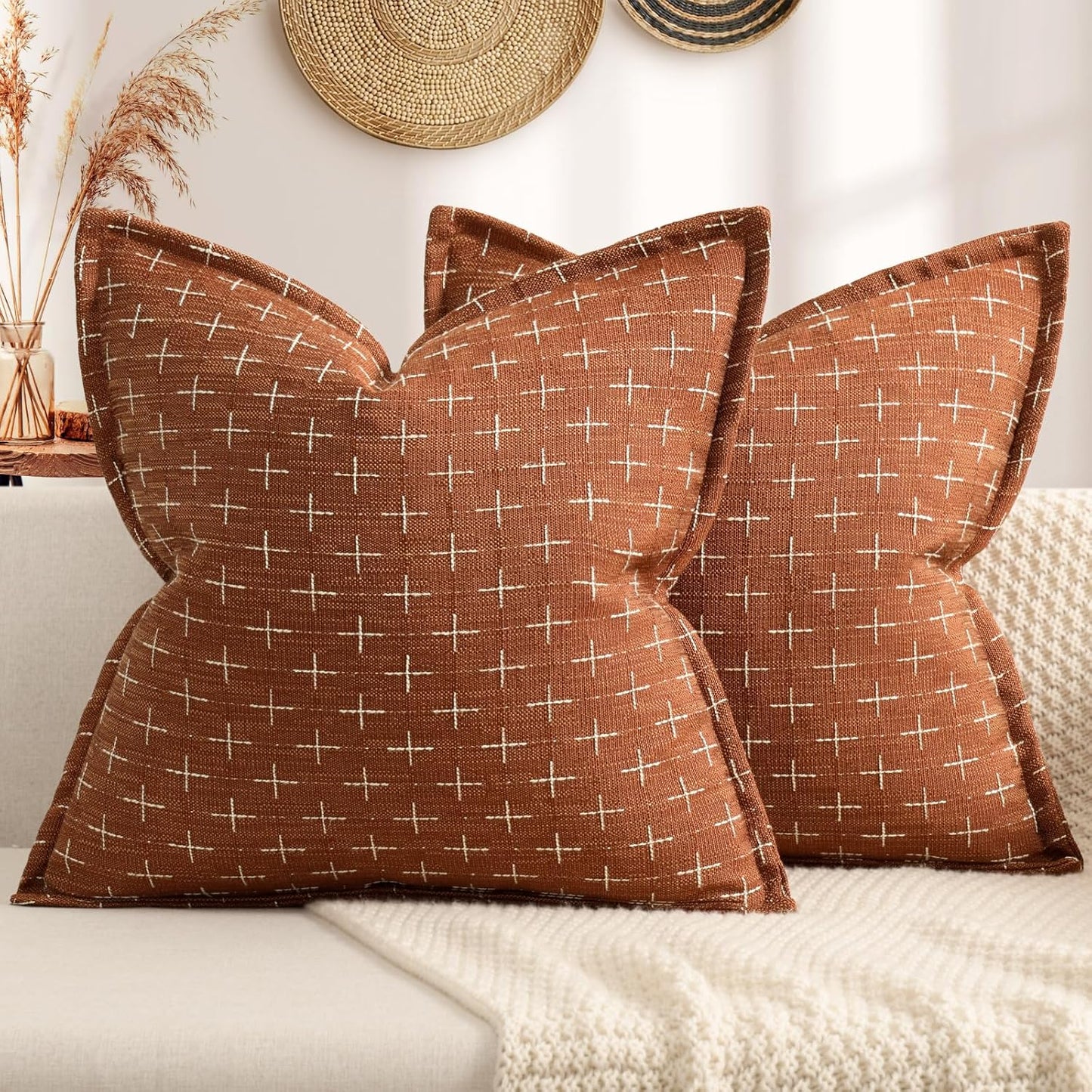 ZWJD Fall Throw Pillow Covers 26x26 Set of 2 Soft Polyester Textured Rust Pillow Covers with Stylish Flange Edge Cozy Farmhouse Throw Pillows for Couch Bed Sofa Living Room Fall Decor