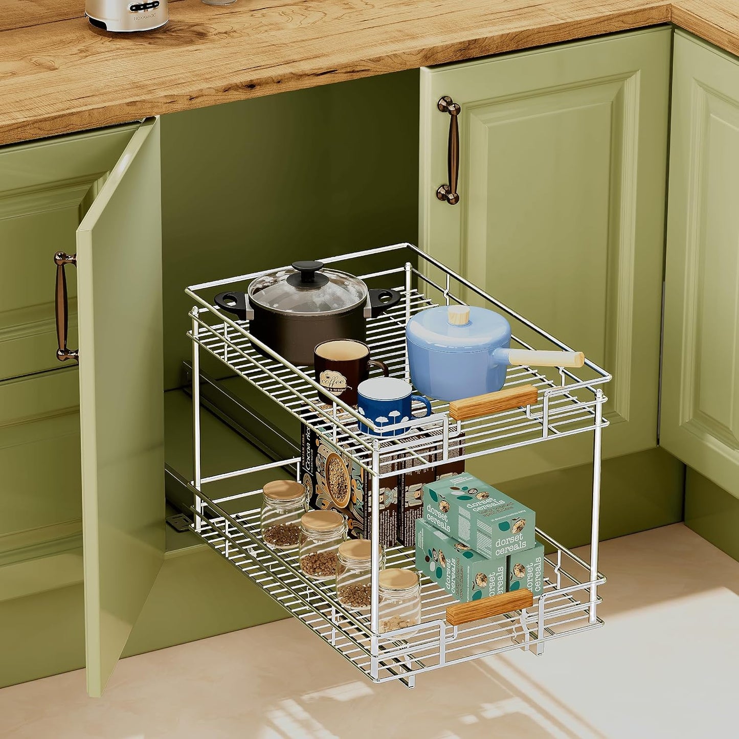 Pull Out Cabinet Organizer(14" W x 21" D), 2 Tier Slide Out Shelves with Wood Handle, Sliding Drawer Pull Storage Shelf for 15-1/4” Cabinet Opening, Chrome