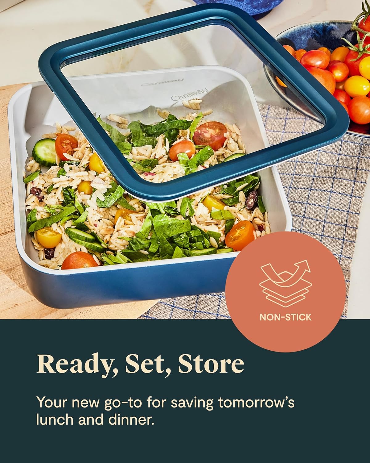 Caraway 6pc Glass Food Storage Set – 10 Cup Food Containers (6) - Ceramic Coated - Non Toxic, Non Stick with Lids - Microwave Safe - Perracotta