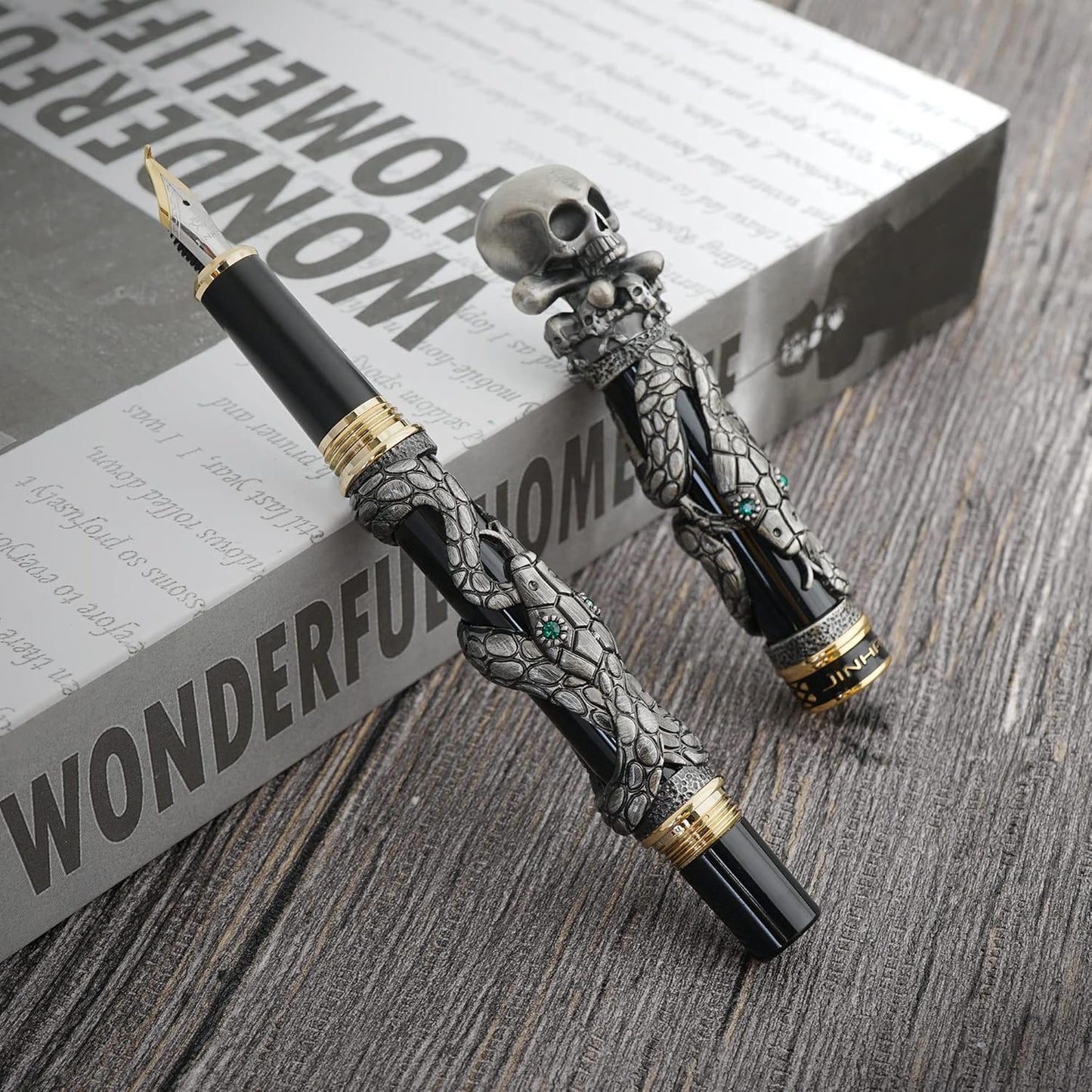 Jinhao Black Snake Fountain Pen Bent Nib Fude Pen with Skull Head Solid Metal