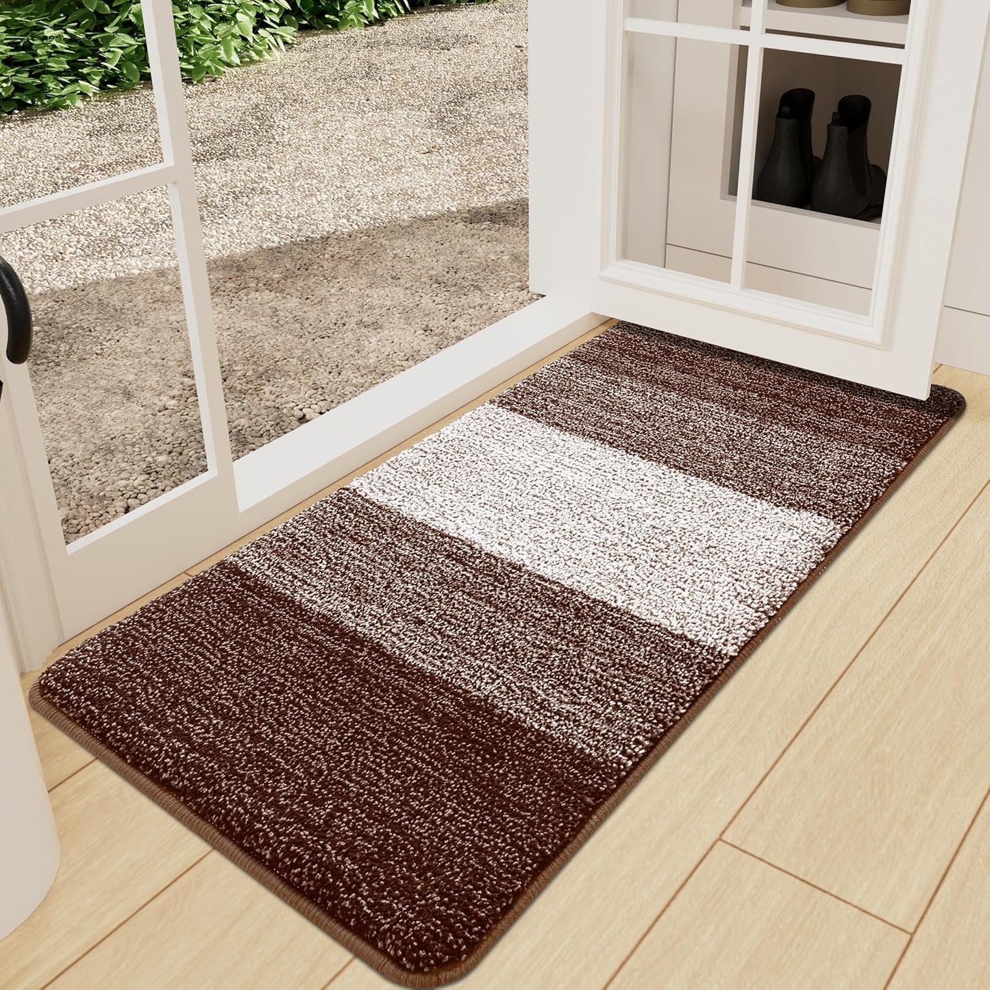 Kitinjoy Indoor Outdoor Door Mat, 71x24 Non-Slip Absorbent Dirt Trapper, Low-Profile Washable Inside Entrance Front Floor Mat, Sturdy Soft Entry Doormats for Entryway, Brown