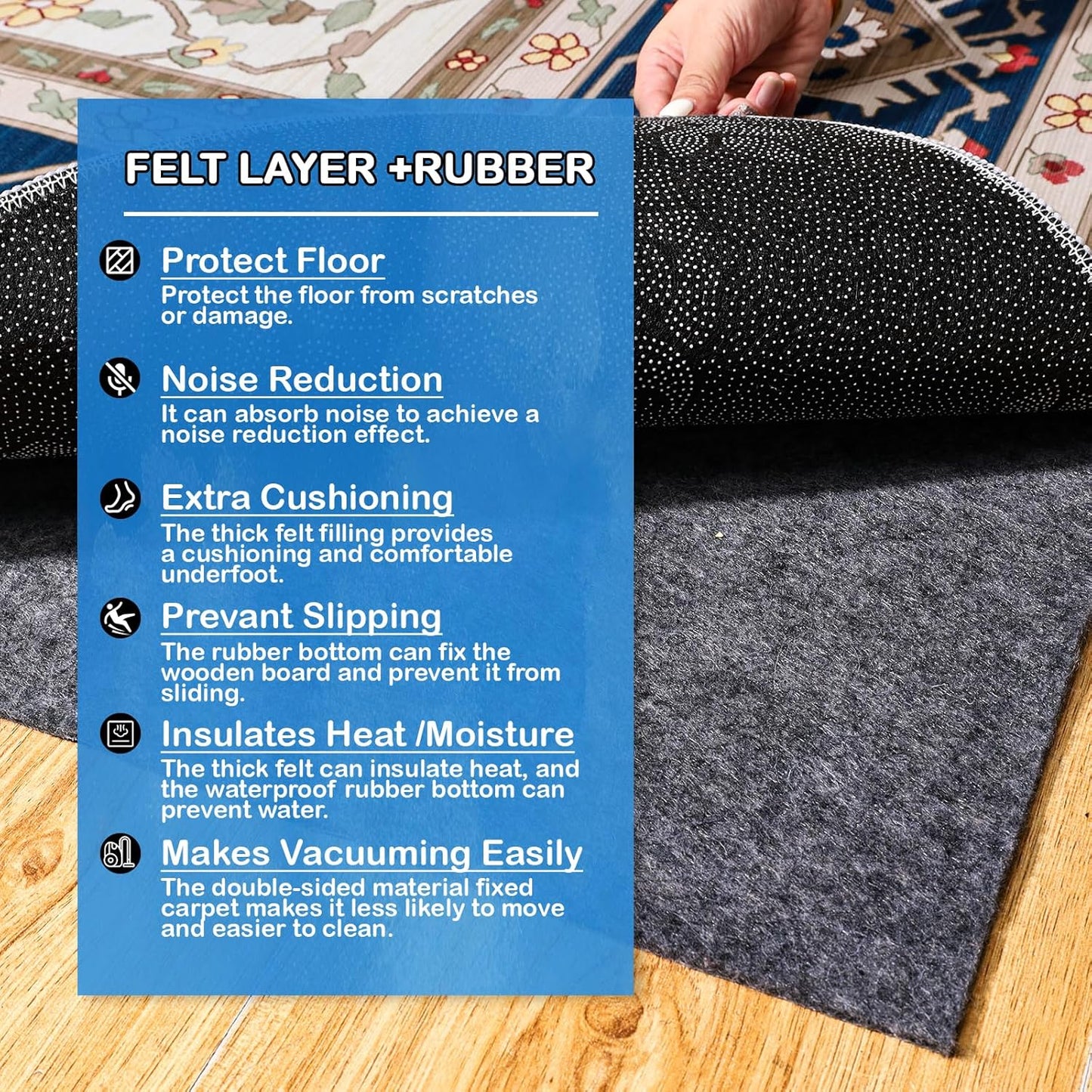Non-Slip Rug Pads 1/4” Thick, 7x9Ft Waterproof Rugs Non Skid Rug Pad for All Floors and Finishes Durable Hardwood Floor Protective Felt Keeps Rugs in Place, Safe and Secure