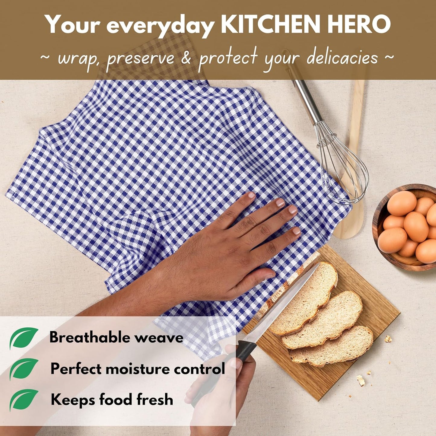 Native Fab 6 Pack Gingham Mini Check Kitchen Hand Towels Set 16"x26" - 100% Cotton Absorbent Reusable Wash Cloths - Quick Drying Dish Towels with Hanging Loops for Kitchen, Blue White
