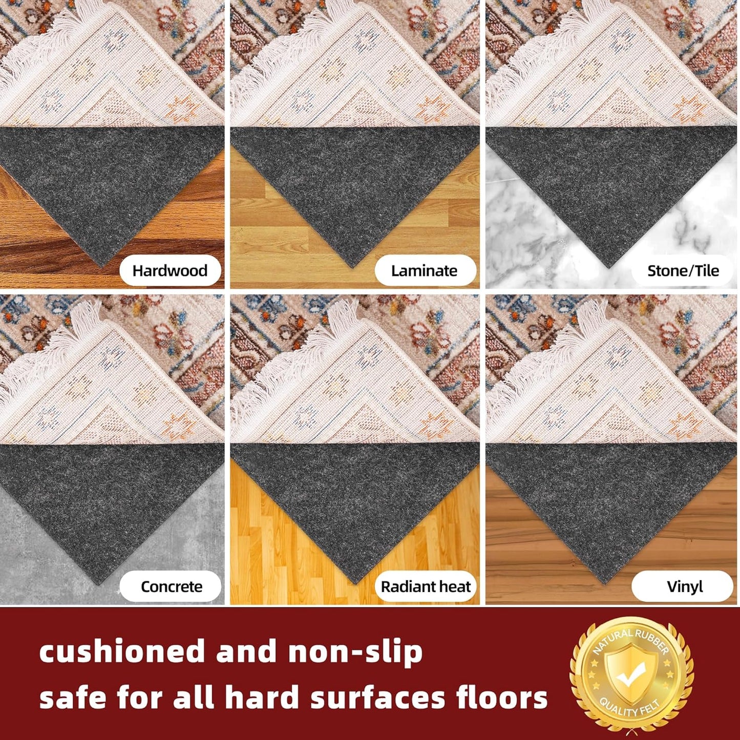 BAGAIL Felt and Natural Rubber Backing Rug Pads 1/4” Thick, 2 x 4 Ft Non Slip Carpet Gripper Keep Rugs in Place, Under Area Rug Protective Cushioned Pads, Carpet Runners, Hardwood Floors Protection