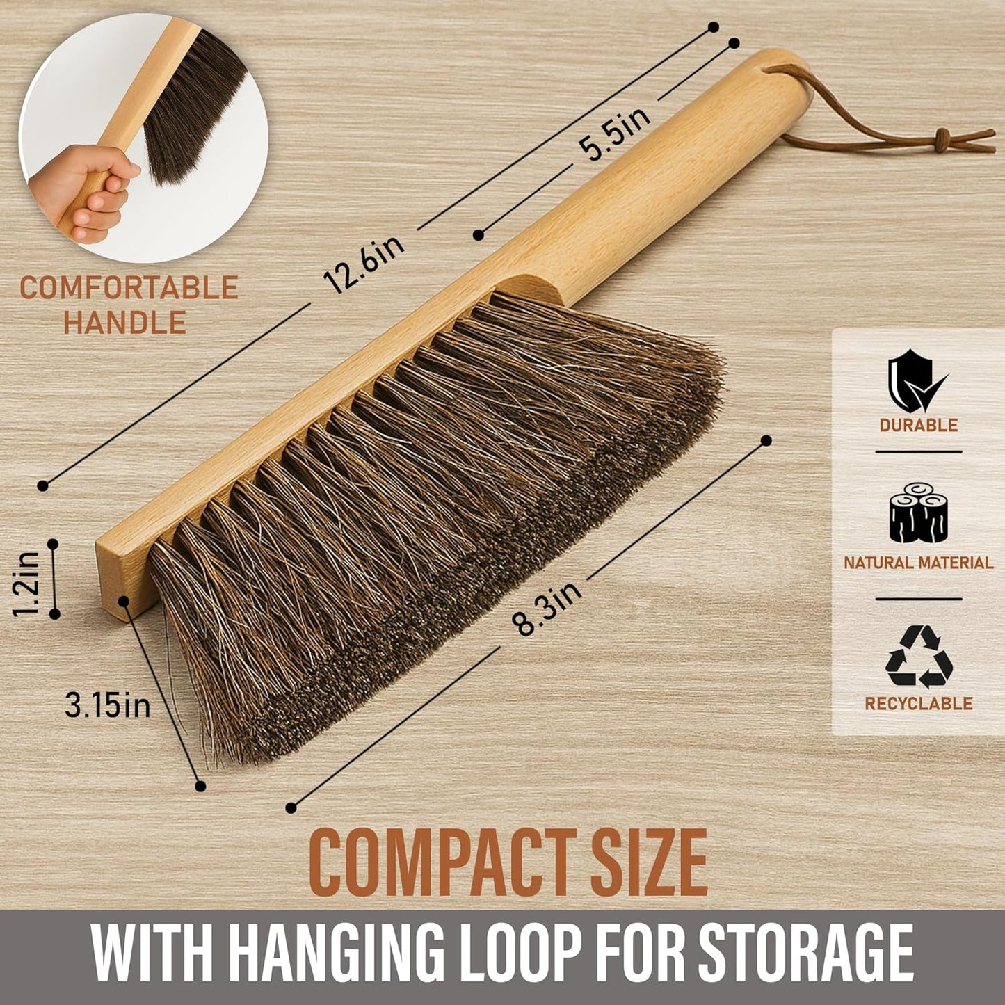 Takavu Multi-Purpose Counter Brush with Solid Wood Handle, Natural Horsehair Bristles for Gentle Dusting of Furniture, Drafting, Patio, Fireplace Cleaning, Shop Brush, Woodworking Tool & Accessories