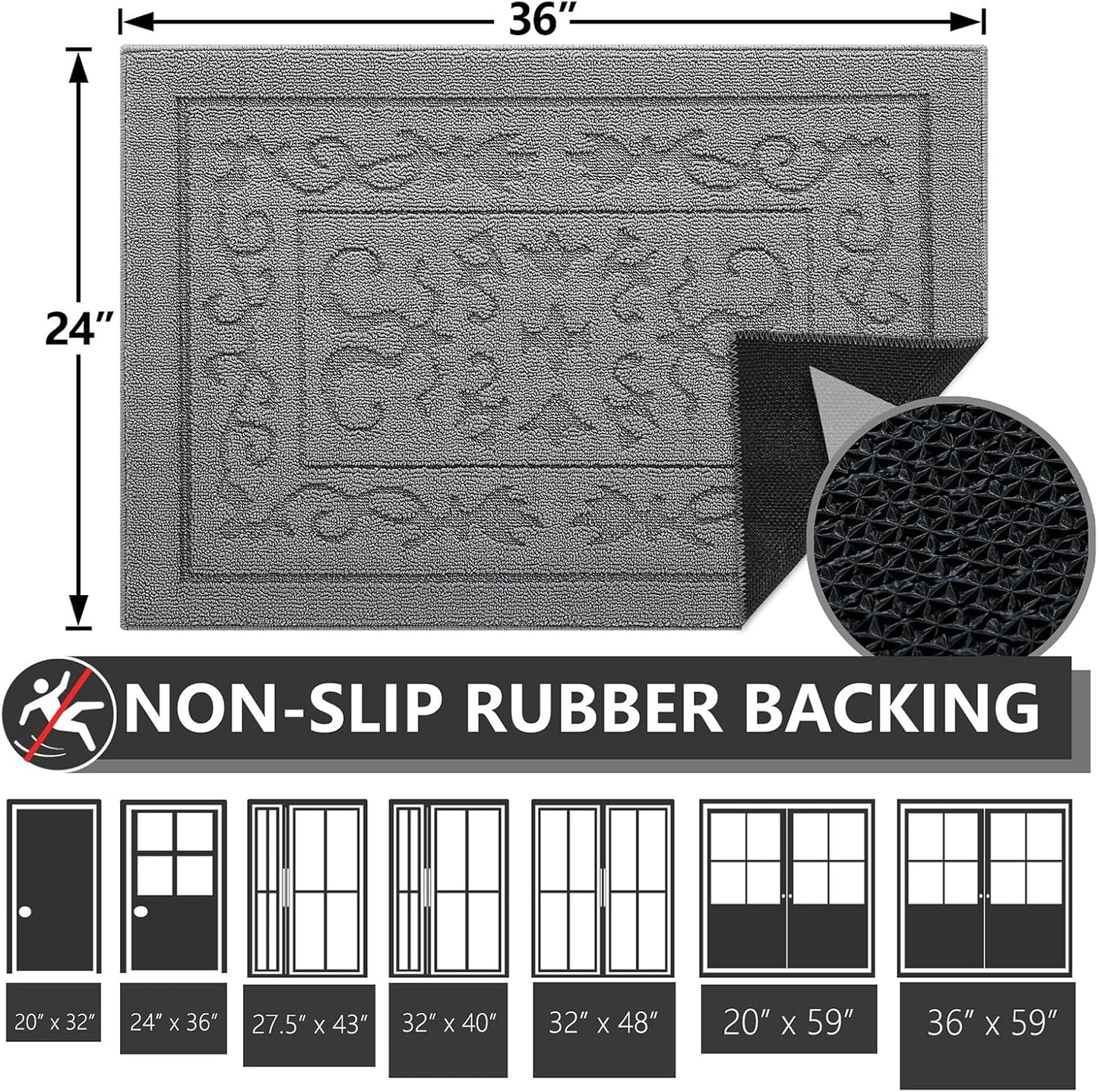 FONEYI Indoor Door Mat 24" x 36", Dirt Trapper Door Mats Non-Slip Entryway Rugs Washable, Absorbent Resist Dirt Welcome Mat, Low Profile Inside Floor Mats for Front Back Door and Entryway, Light Grey