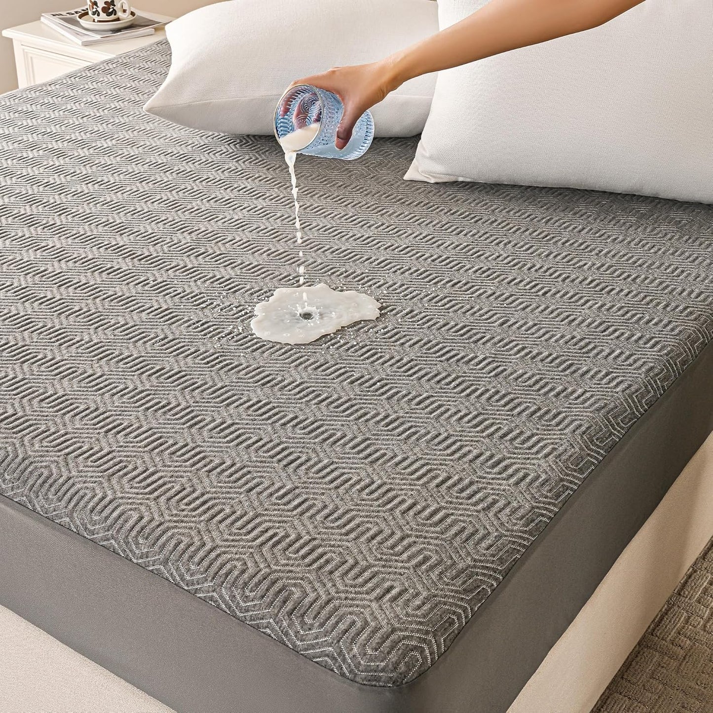 GRT Waterproof Mattress Protector King, Breathable Bamboo Charcoal Fiber Mattress Cover, Noiseless and Odor Free Upgraded Mattress Protector with Double-Barrier Protection, 8"-26" Deep Pocket